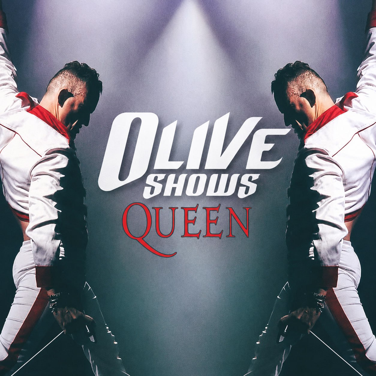 Tributo a Queen de Olive Shows - vocalista principal con chaqueta blanca estilo militar bajo luces de escenario